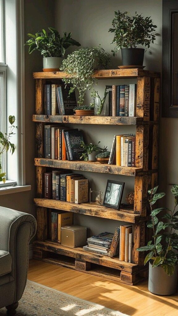 Design Stylish Shelving with Upcycled Wood 2 Rustic wooden bookshelf with books and plants in a cozy living room corner. | Sky Rye Design Rustic wooden bookshelf with books and plants in a cozy living room corner.