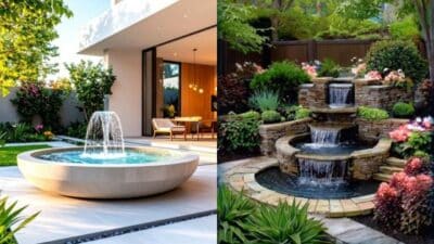 Modern patio with round fountain beside a lush garden featuring a tiered stone waterfall, surrounded by greenery.