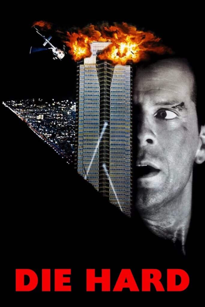 Action movie poster with a burning skyscraper, helicopter, and intense face. Text reads Die Hard.