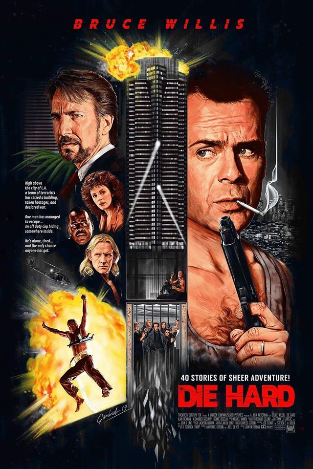 Die Hard 1988 by Michael Gambriel 640x960 Action-packed movie poster featuring dramatic scenes and intense expressions. | Sky Rye Design Action-packed movie poster featuring dramatic scenes and intense expressions.