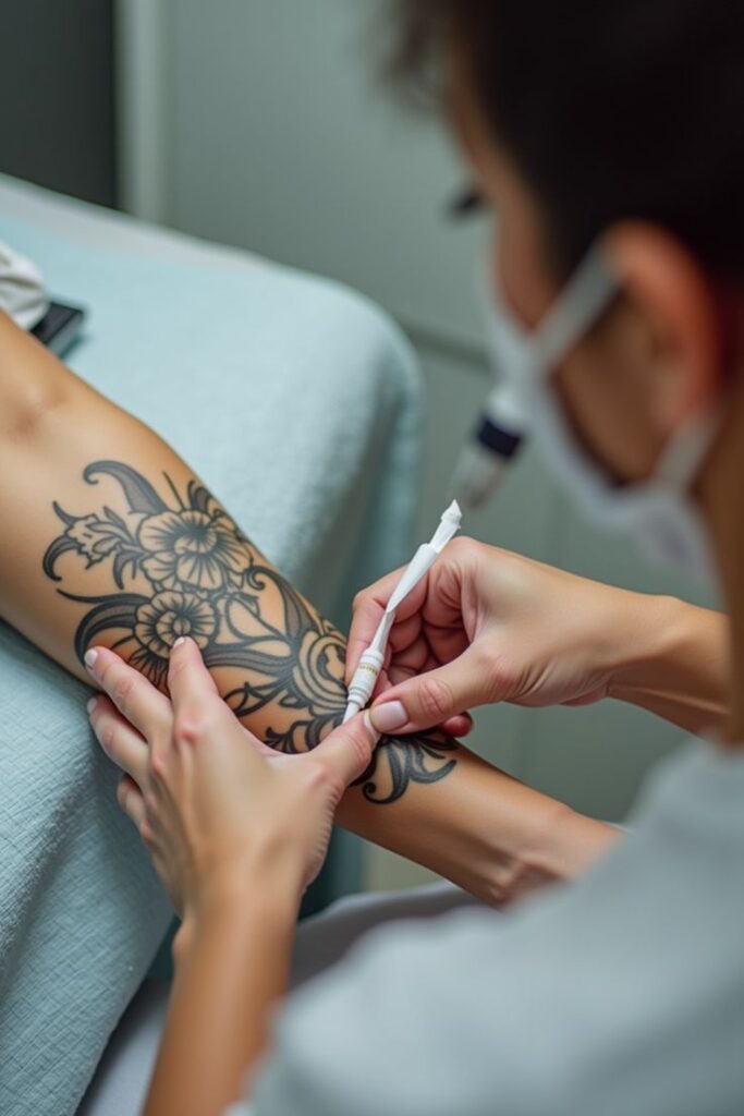 Tattoo artist working on intricate floral design on a client's arm, using fine needles in a studio setting.