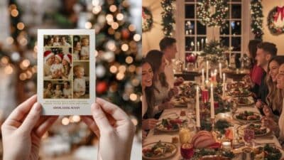 Holiday card and festive dinner with lights, family, and Christmas tree decorations creating a warm, joyful atmosphere.