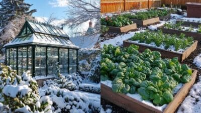 Snow-covered greenhouse and lush winter garden beds with fresh greens under a clear sky.