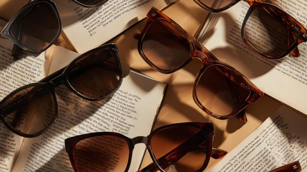 Dont Forget the Bridge Stylish sunglasses on open vintage books, showcasing a chic fashion accessory display. | Sky Rye Design Stylish sunglasses on open vintage books, showcasing a chic fashion accessory display.