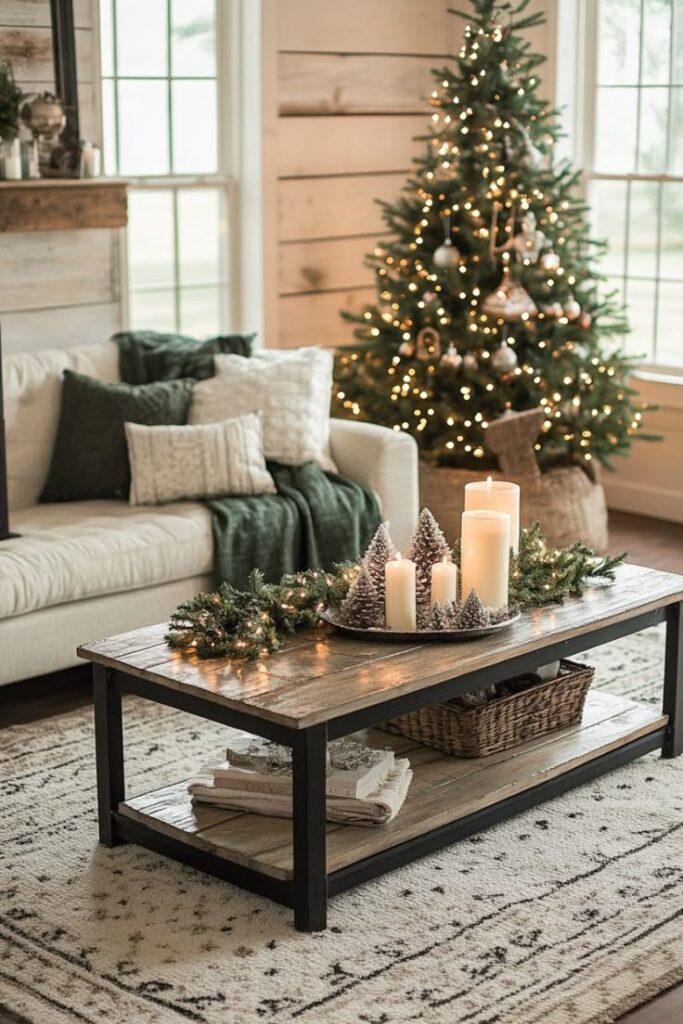 Cozy living room with Christmas decor, tree, candles on a table, and plush sofa in a rustic, warmly lit setting.