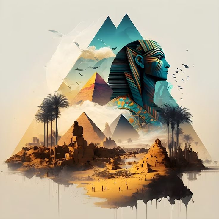 Double Exposure Ancient Egypt AI Generated Art Wall Art - Etsy Surreal Egyptian landscape with pyramids, ancient ruins, palm trees, and a pharaoh statue under a mystical sky. | Sky Rye Design Surreal Egyptian landscape with pyramids, ancient ruins, palm trees, and a pharaoh statue under a mystical sky.