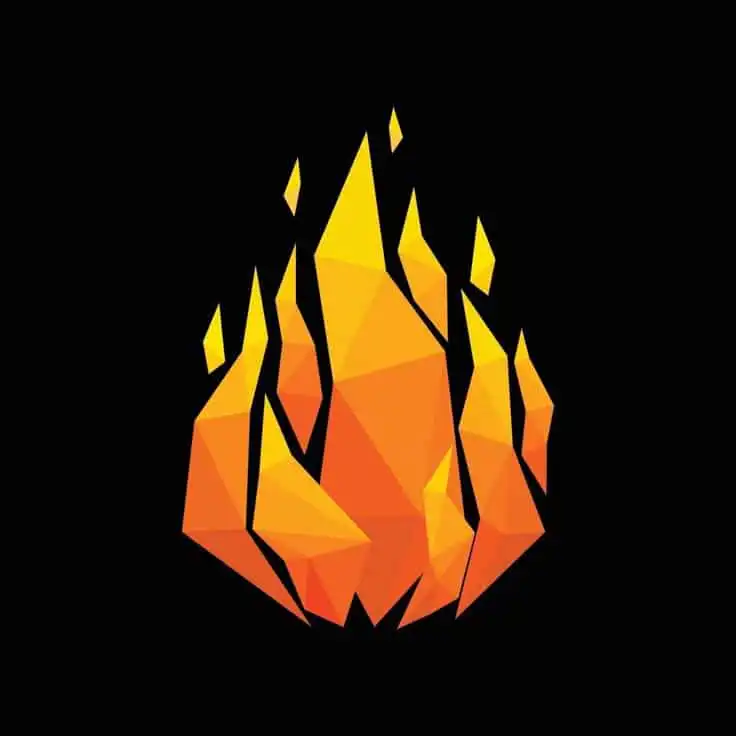 Geometric orange and yellow fire design on black background, abstract flame illustration.