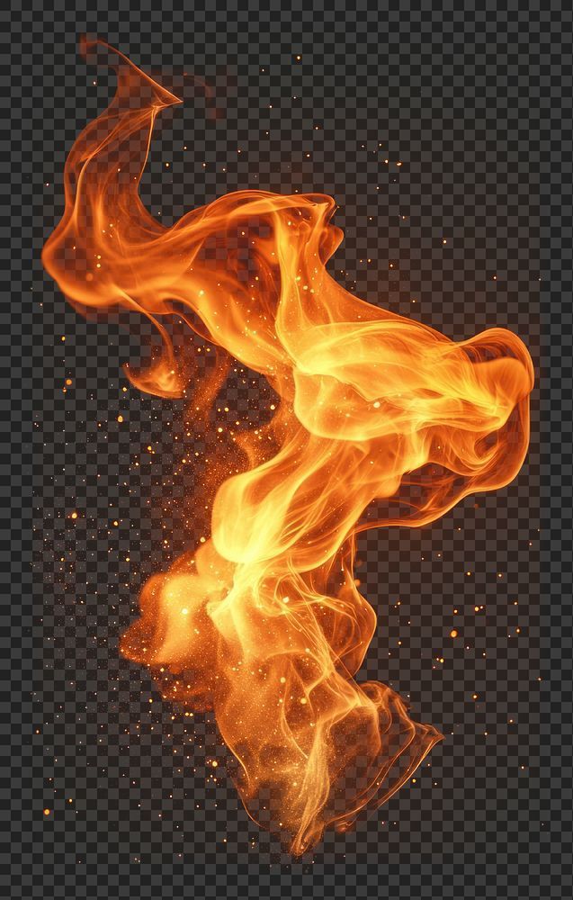 Bright, dynamic orange flame on a transparent background, with glowing sparks and wispy tendrils.