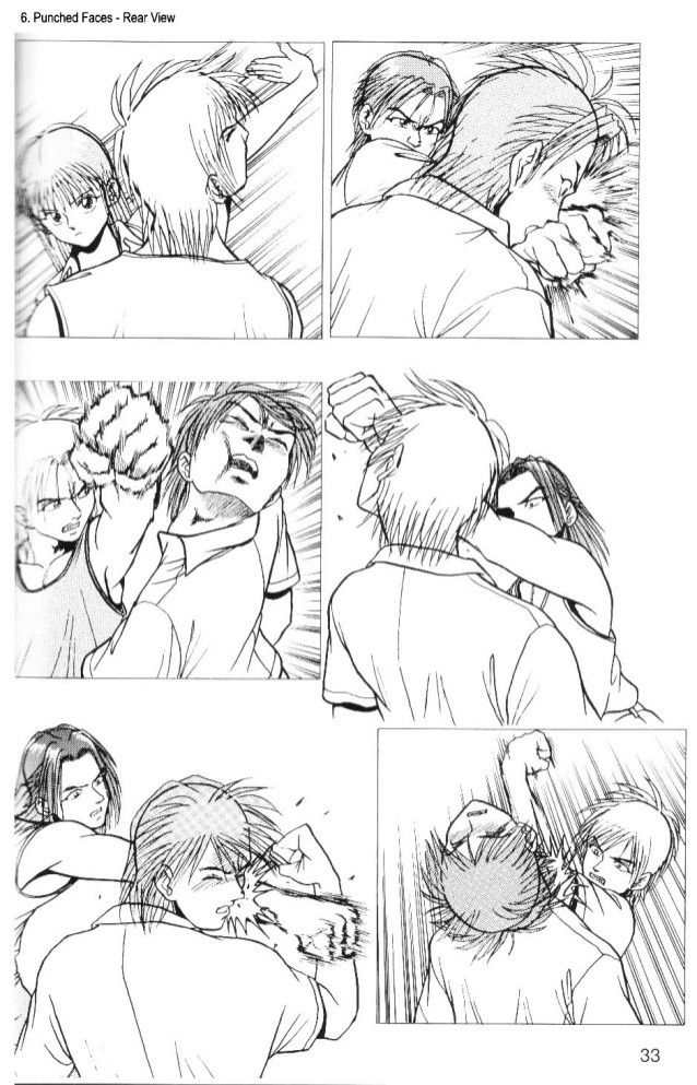 Draw manga battles Manga-style comic showing a sequence of characters in action with punches from a rear view perspective. | Sky Rye Design Manga-style comic showing a sequence of characters in action with punches from a rear view perspective.