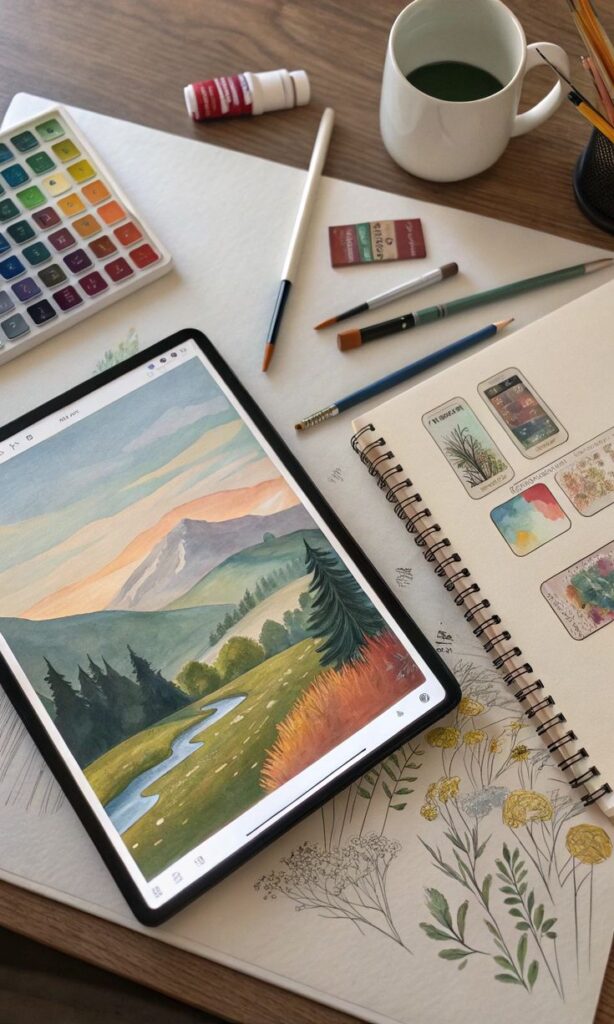 Digital landscape artwork displayed on a tablet, surrounded by painting supplies and sketchbooks on a desk.