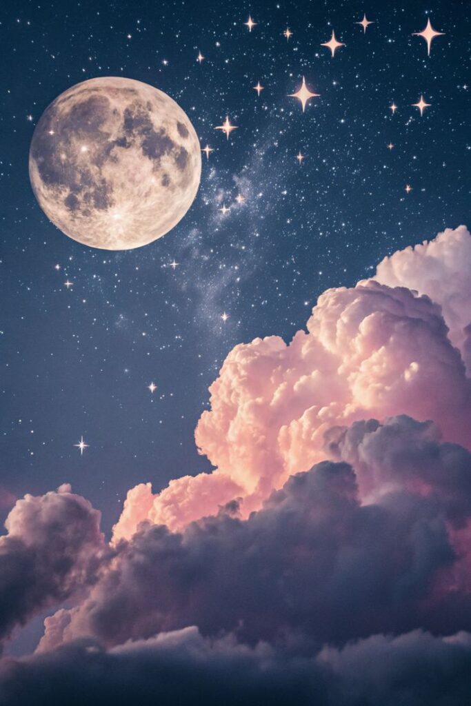 Dreamy night Full moon and starry night sky with pink clouds, creating a dreamy celestial scene. | Sky Rye Design Full moon and starry night sky with pink clouds, creating a dreamy celestial scene.