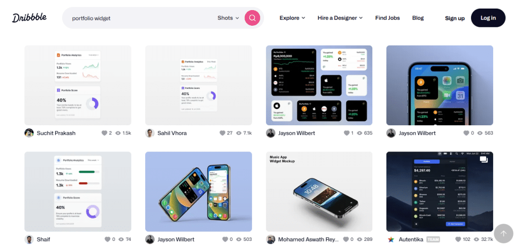 Dribbble portfolio widget designs displayed with analytics and smartphone mockups on a grid layout.