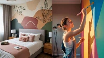 Colorful bedroom mural alongside a woman painting a vibrant wall mural, showcasing artistic home decor ideas.