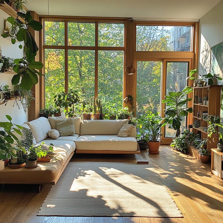 Eco-Chic Starts at Home 🌱✨ Dive into the Art of Bright living room with large windows, beige sofa, and abundant green plants creating a cozy, natural atmosphere. | Sky Rye Design Bright living room with large windows, beige sofa, and abundant green plants creating a cozy, natural atmosphere.