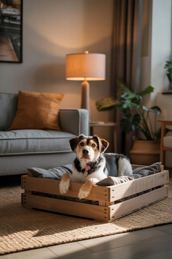 Eco-Friendly DIY Pet Furniture_ Go Green with Style Cozy living room with a dog resting in a wooden pet bed beside a couch and a warm lamp. | Sky Rye Design Cozy living room with a dog resting in a wooden pet bed beside a couch and a warm lamp.
