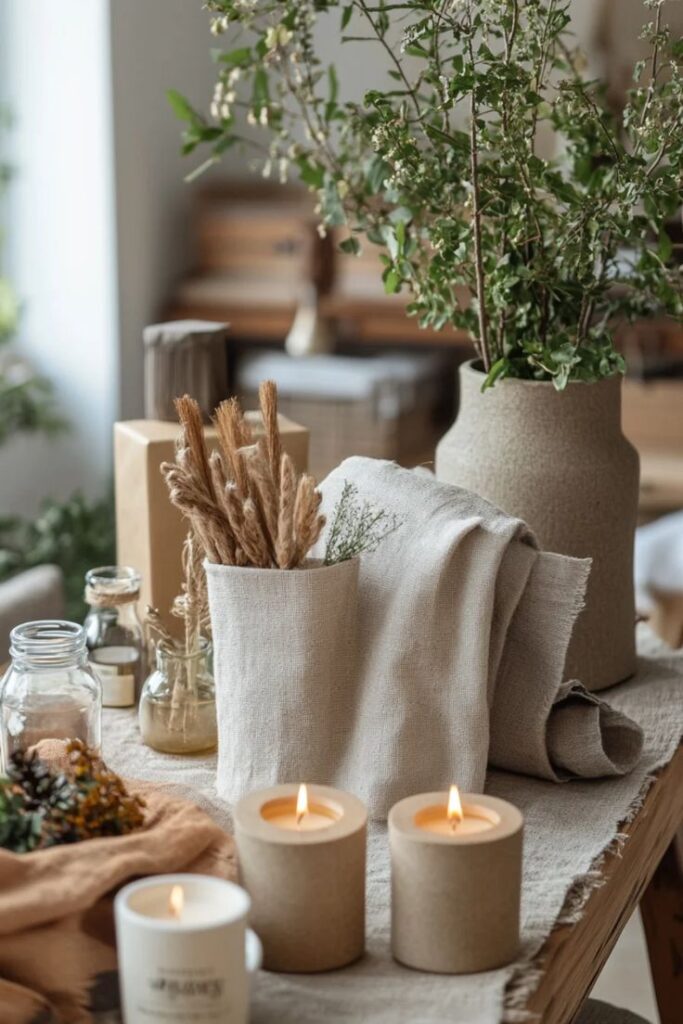 Cozy rustic table setting with three lit candles, dried flowers in fabrics, and a vase of green branches.