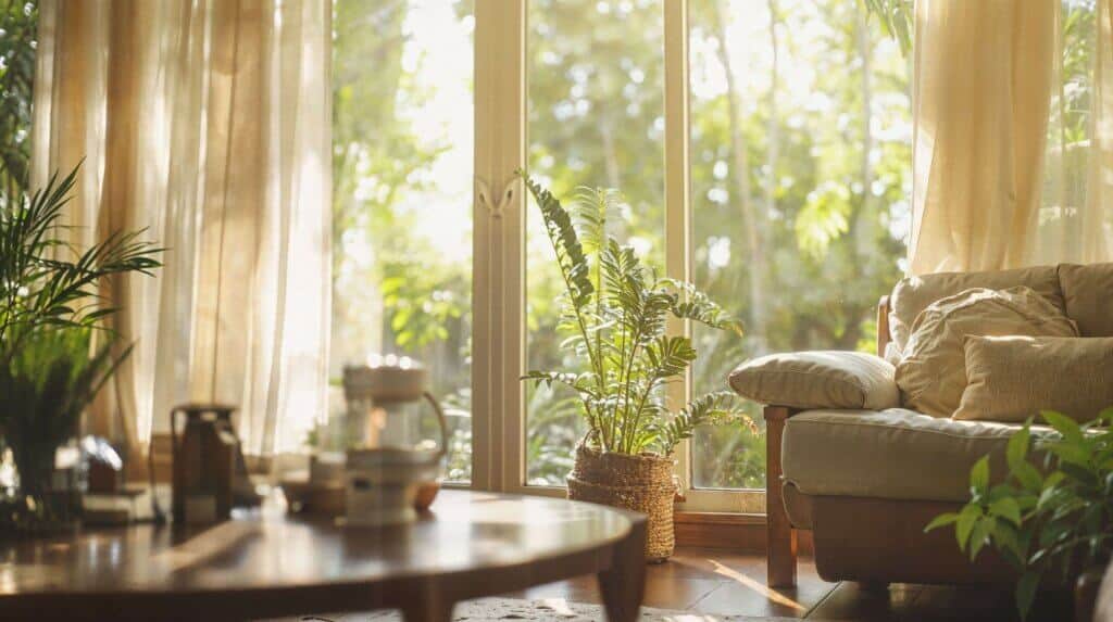 Eco-Friendly-Home-Decor-Design-Ideas-For-Your-Home-1-1024x573 Cozy sunlit living room with plants, sofa, and wooden coffee table near large window with sheer curtains. | Sky Rye Design Cozy sunlit living room with plants, sofa, and wooden coffee table near large window with sheer curtains.
