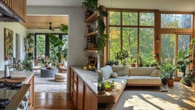 Modern living and kitchen space with large windows, natural light, cozy seating, and abundant indoor plants.