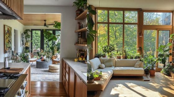 Eco-Friendly Home Decor Sustainable Choices for a Stylish Space Modern living and kitchen space with large windows, natural light, cozy seating, and abundant indoor plants. | Sky Rye Design Modern living and kitchen space with large windows, natural light, cozy seating, and abundant indoor plants.