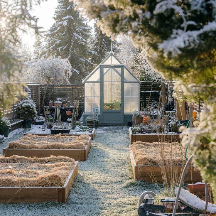 Winter garden with a frosty greenhouse and raised beds covered in straw, surrounded by snow-dusted trees.