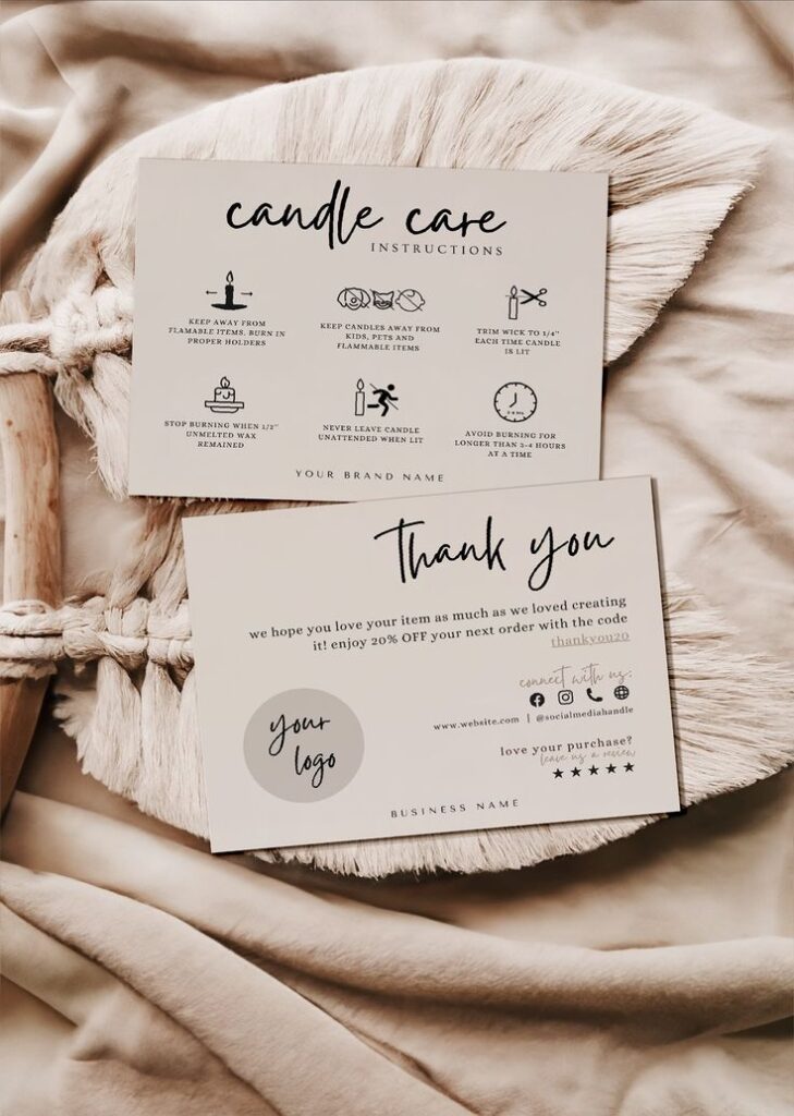 Editable Candle Care Card Template Thank You Card Printable Candle Care Instructions Card Candle Packaging Insert Canva Template Logo Candle care and thank you cards on beige fabric, featuring safety instructions and discount offer. | Sky Rye Design Candle care and thank you cards on beige fabric, featuring safety instructions and discount offer.