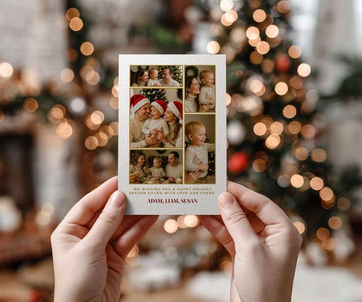 Holiday photo card with family portraits in front of a decorated Christmas tree, festive and warm atmosphere.