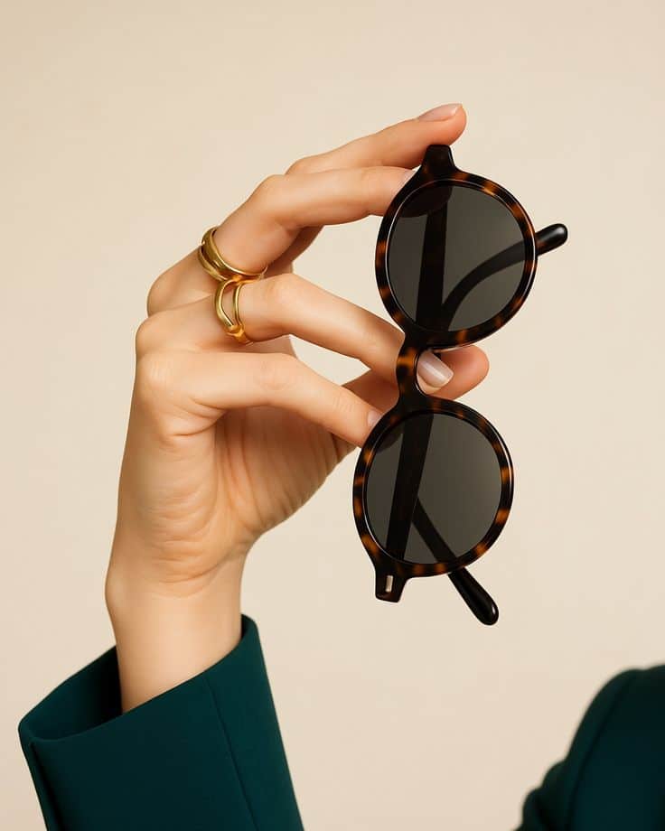 Effortless elegance in every detail_ 🕶️ Round Hand holding tortoiseshell round sunglasses with gold rings, beige background. | Sky Rye Design Hand holding tortoiseshell round sunglasses with gold rings, beige background.