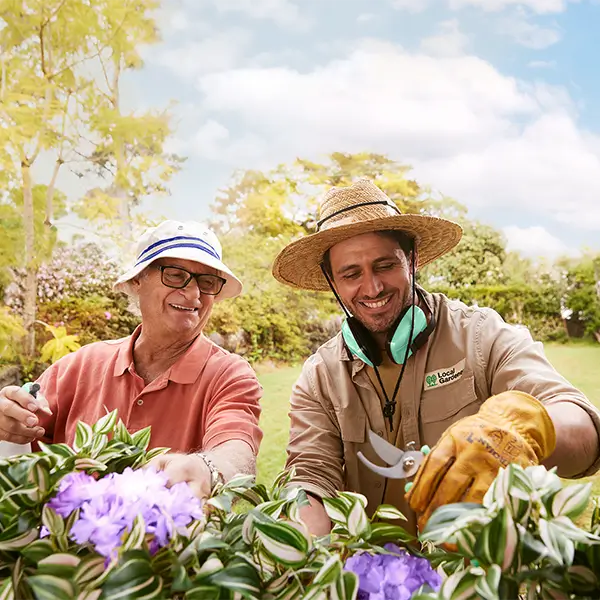 Two gardeners smiling and pruning flowers in a sunlit garden, wearing sun hats and gloves.