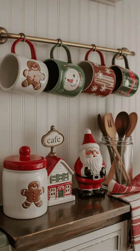 Elegant Christmas Coffee Bar Design With Classy Christmas Vibes _ Festive kitchen decor with Christmas mugs, Santa figurine, and gingerbread jar on a wooden countertop. | Sky Rye Design Festive kitchen decor with Christmas mugs, Santa figurine, and gingerbread jar on a wooden countertop.