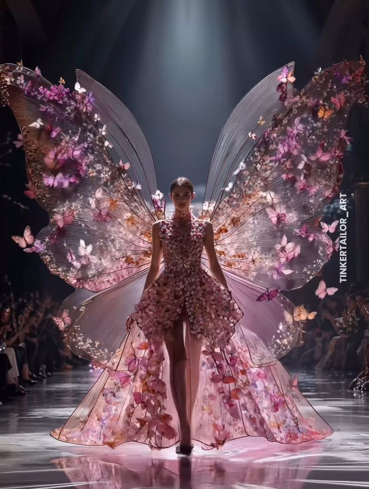 Model in a stunning butterfly-themed gown with pink and purple wings on the runway. Fashion fantasy meets elegance.