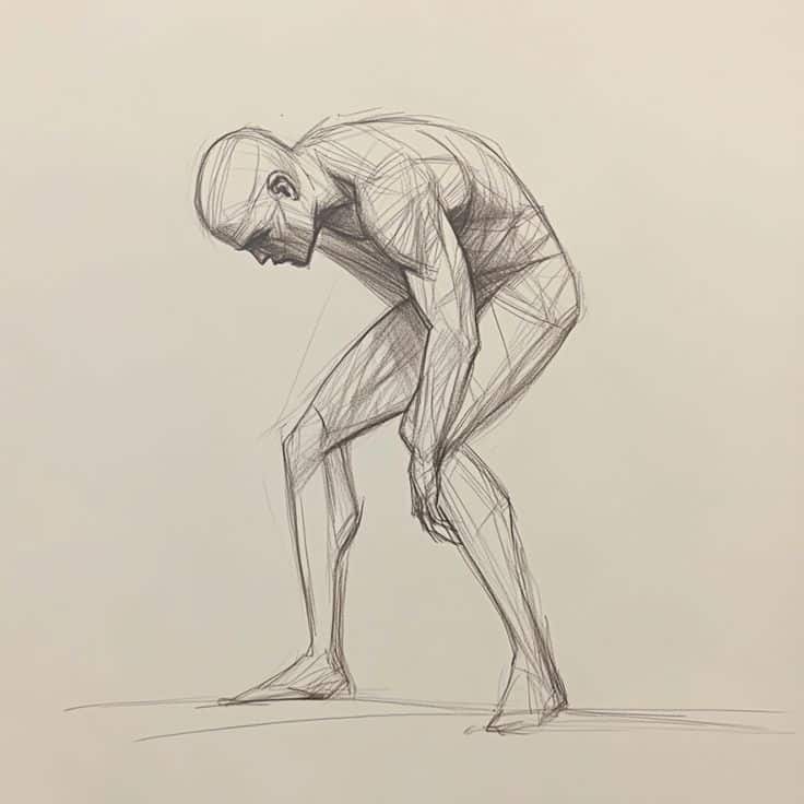 Sketch of a standing human figure leaning forward, showing detailed anatomy and musculature.
