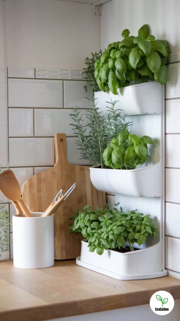 Vertical herb garden with basil, mint, and rosemary in a modern kitchen setting on a wooden countertop.