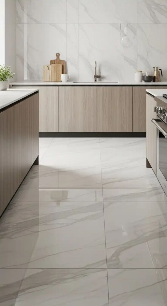 Modern kitchen with marble flooring, wooden cabinets, and elegant backsplash. Bright and minimalist design.