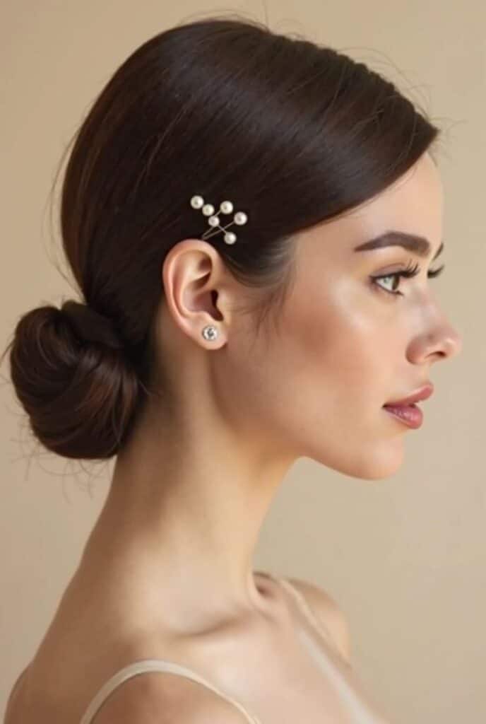 Woman with pearl hairpin and bun hairstyle, side profile on beige background.