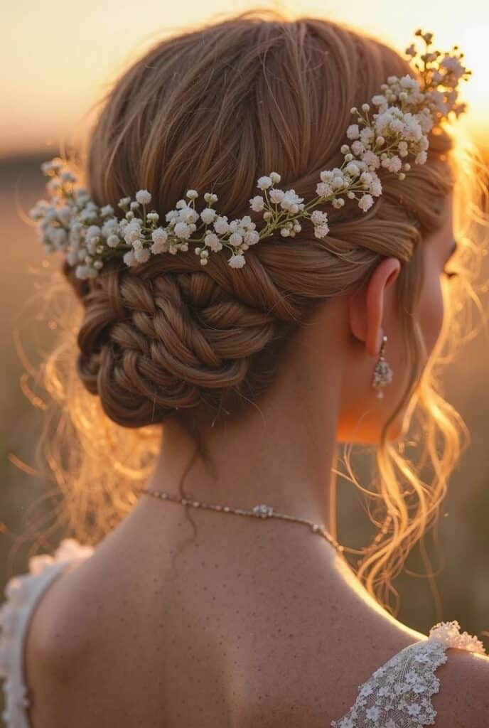 Elegant bridal hairstyle with floral crown, braided updo, and sunset background.