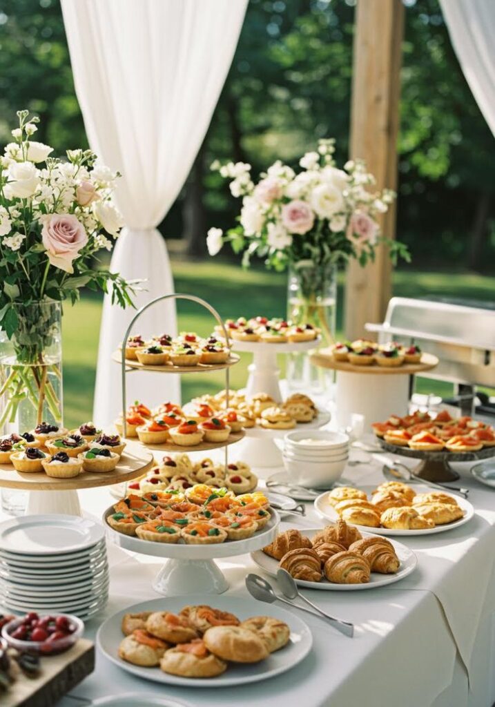 Elegant outdoor buffet with assorted pastries, tarts, and floral arrangements on a sunny day.