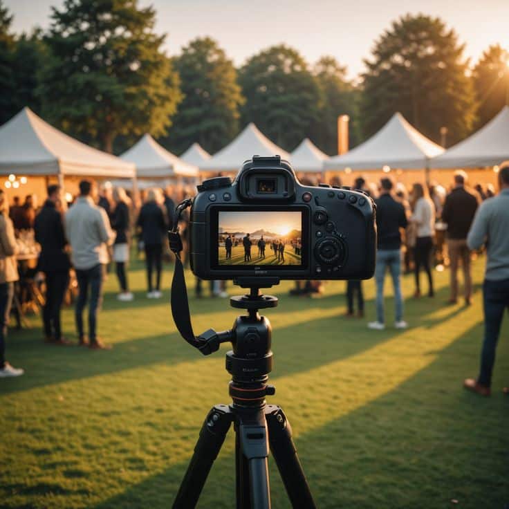 Camera capturing lively outdoor event at sunset with people and tents in the background.