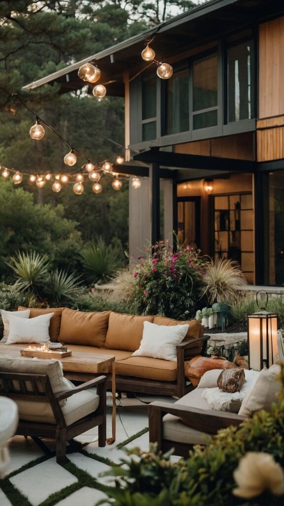 Modern outdoor patio with cozy seating, hanging lights, and lush greenery at a stylish home.
