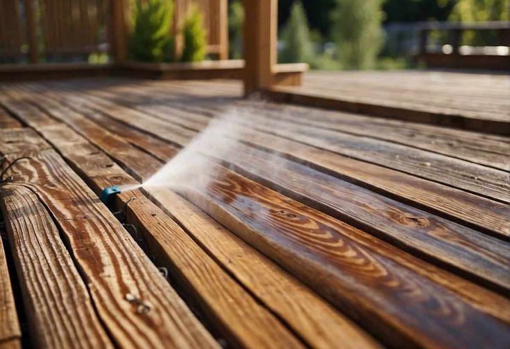 Elevate Your Outdoor Space_ 24 Backyard Deck Inspiration Sprinkler system watering a wooden deck in a garden setting on a sunny day. | Sky Rye Design Sprinkler system watering a wooden deck in a garden setting on a sunny day.