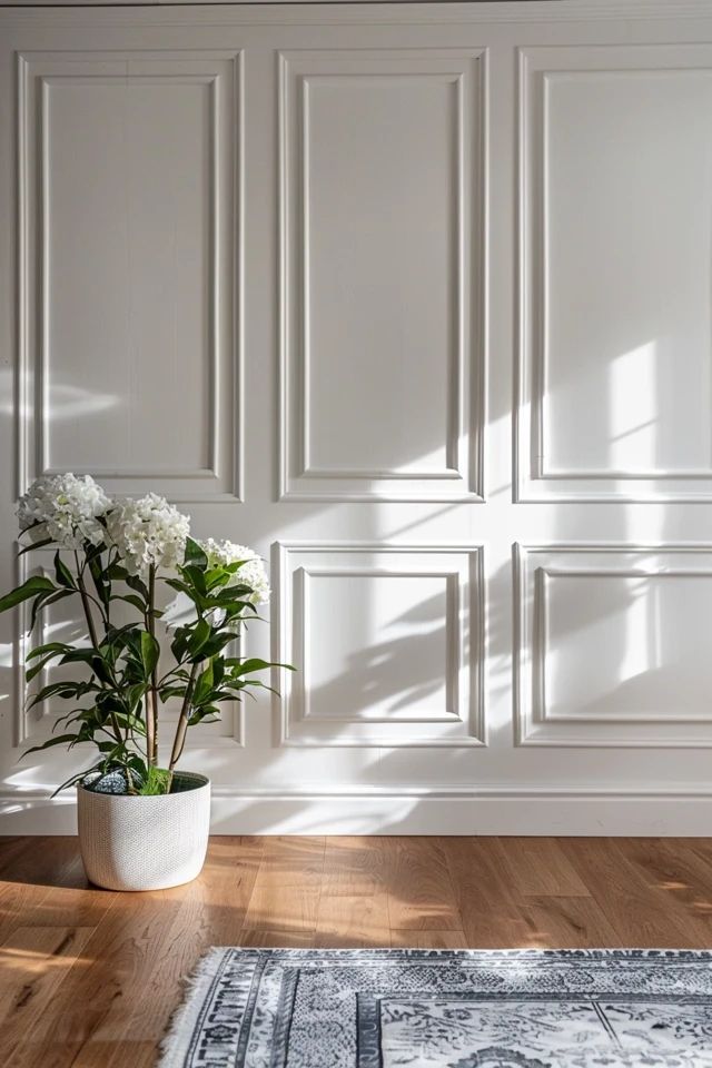 White paneled wall with potted hydrangeas, wooden floor, and patterned rug in sunlight.