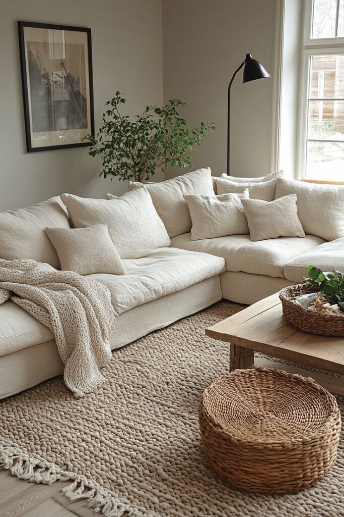 Cozy living room with beige sectional sofa, knitted throw, woven decor, and leafy plant by the window.