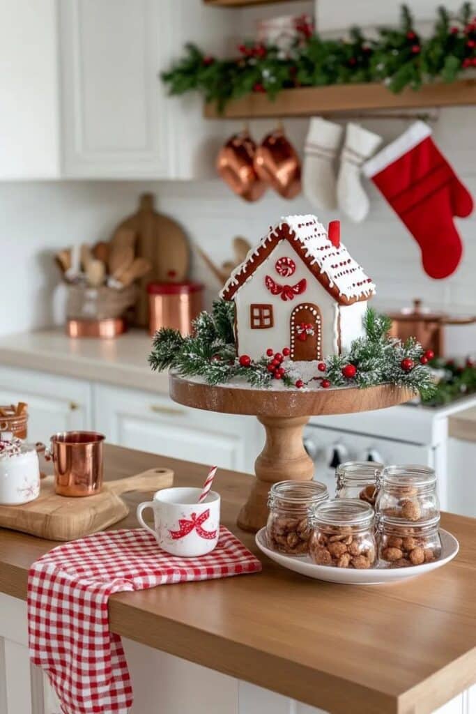 Elevate your holiday kitchen with these 29 Festive kitchen with gingerbread house centerpiece, holiday decor, treats, and red Christmas stocking hanging. | Sky Rye Design Festive kitchen with gingerbread house centerpiece, holiday decor, treats, and red Christmas stocking hanging.