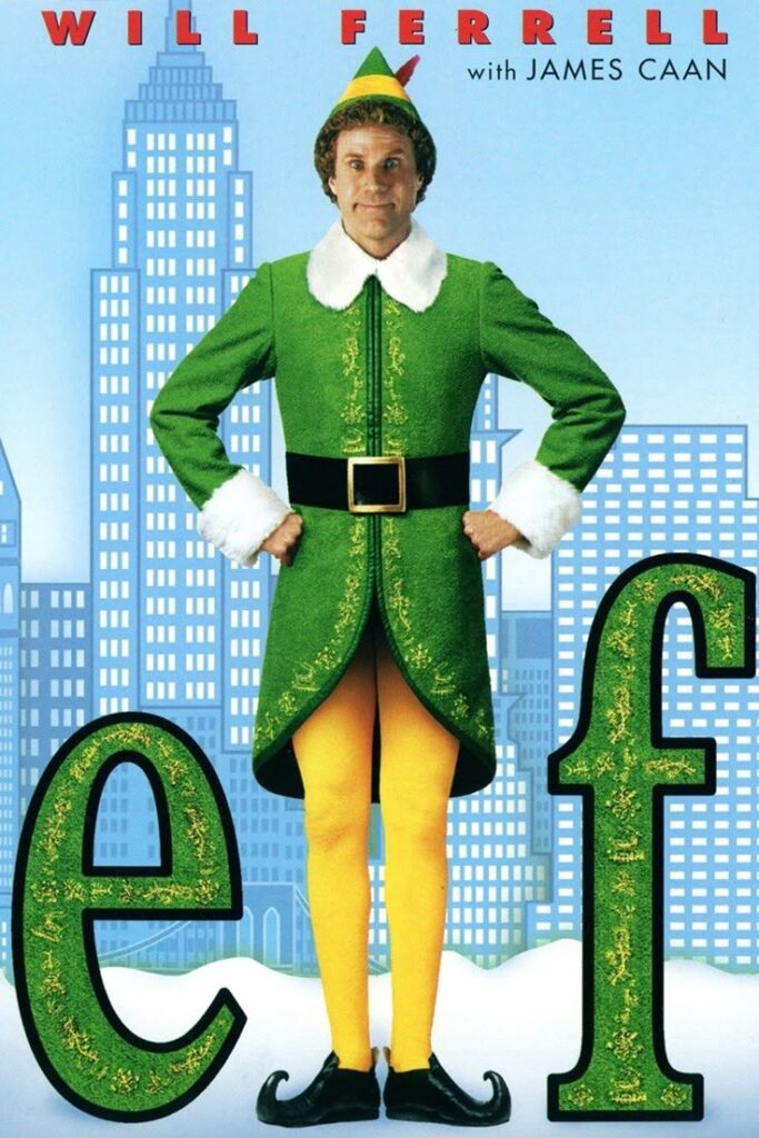 Elf movie poster featuring a man in a green elf costume against a city skyline backdrop.
