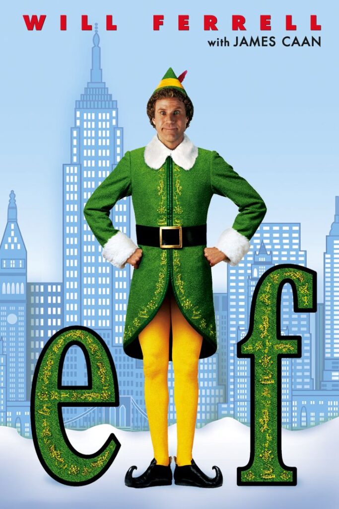 Elf Man in green elf costume standing between large e and f letters, cityscape background. | Sky Rye Design Man in green elf costume standing between large e and f letters, cityscape background.