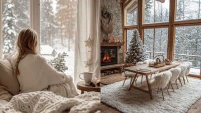 Cozy winter cabin interior with woman by the window and rustic dining area overlooking a snowy forest.