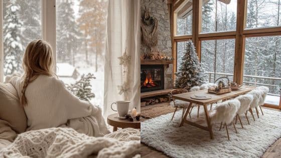 Embrace Ultimate Comfort Guide to Hygge Home Winter Style Cozy winter cabin interior with woman by the window and rustic dining area overlooking a snowy forest. | Sky Rye Design Cozy winter cabin interior with woman by the window and rustic dining area overlooking a snowy forest.