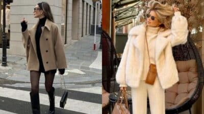 Two stylish women in chic winter outfits; one in a camel coat and black dress, the other in a white fur coat and turtleneck.