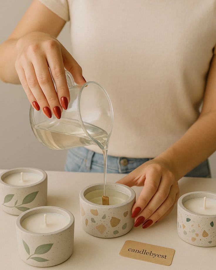 En doğal ve en şık mum modelleri için bizi takip edin 💫_candlebyest 👈__candle candlemaking candlelover tasarım soywax soyawax soyamumu handmade candlebyest Pouring wax into handmade candles with decorative pots, focused on a craftsperson's hand. Perfect for cozy home decor. | Sky Rye Design Pouring wax into handmade candles with decorative pots, focused on a craftsperson's hand. Perfect for cozy home decor.