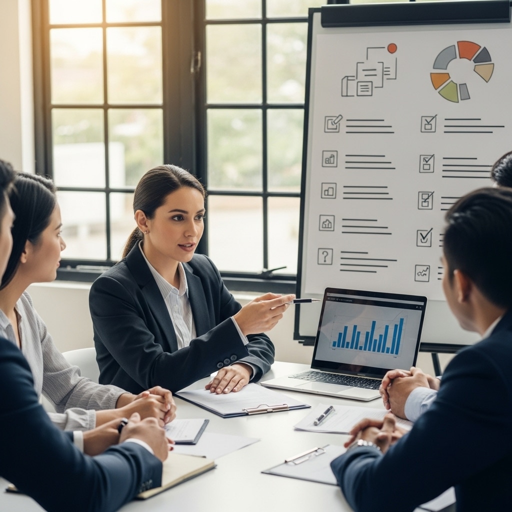 Business meeting with professionals discussing graphs and charts on a laptop and whiteboard in a conference room.