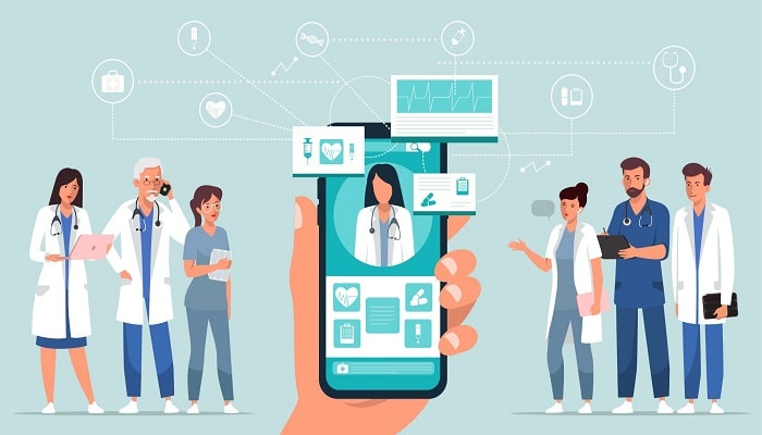 Enhancing-Telemedicine Healthcare professionals connect via smartphone for telemedicine, showcasing digital healthcare solutions and online consultations. | Sky Rye Design Healthcare professionals connect via smartphone for telemedicine, showcasing digital healthcare solutions and online consultations.
